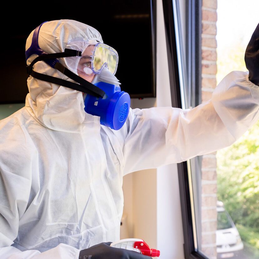 Désinfection de bureaux par des employés North Group en combinaison