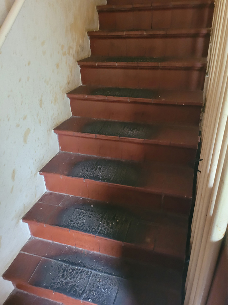 Le nettoyage d'un escalier avant le passage de l'équipe North Group